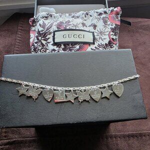 Gucci 925 Silver Stars Butterfly Hearts Charm Necklace w/ Pouch and Box NWT